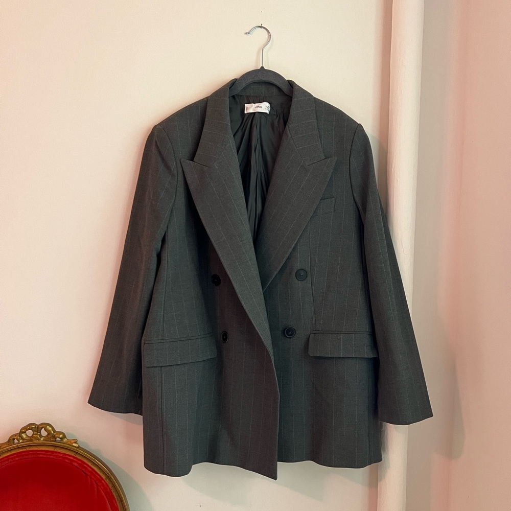 MNG Mango Gray Pinstripe Double-Breasted Blazer